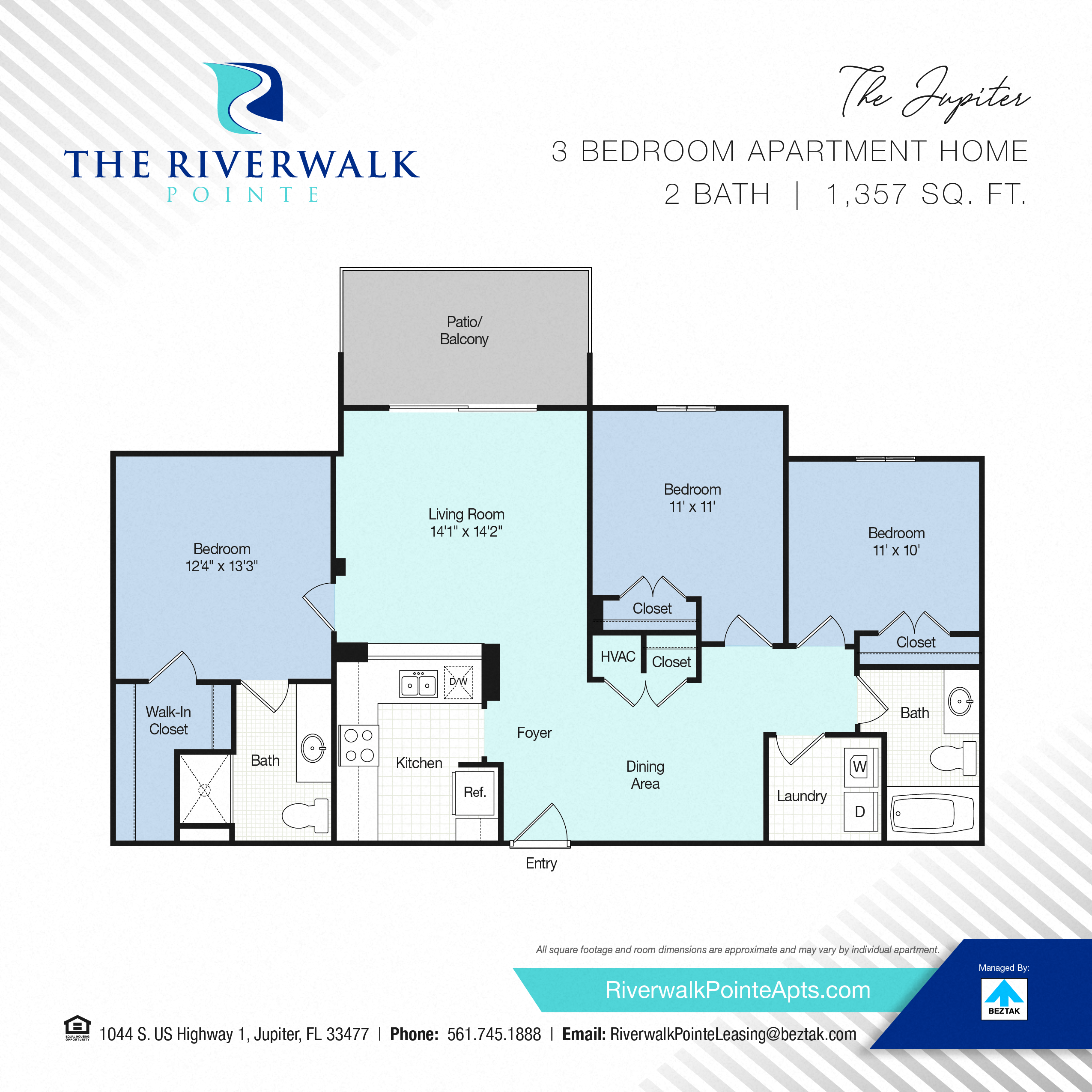 Floor plan for 3 beds, 2 baths, 1357 sqft